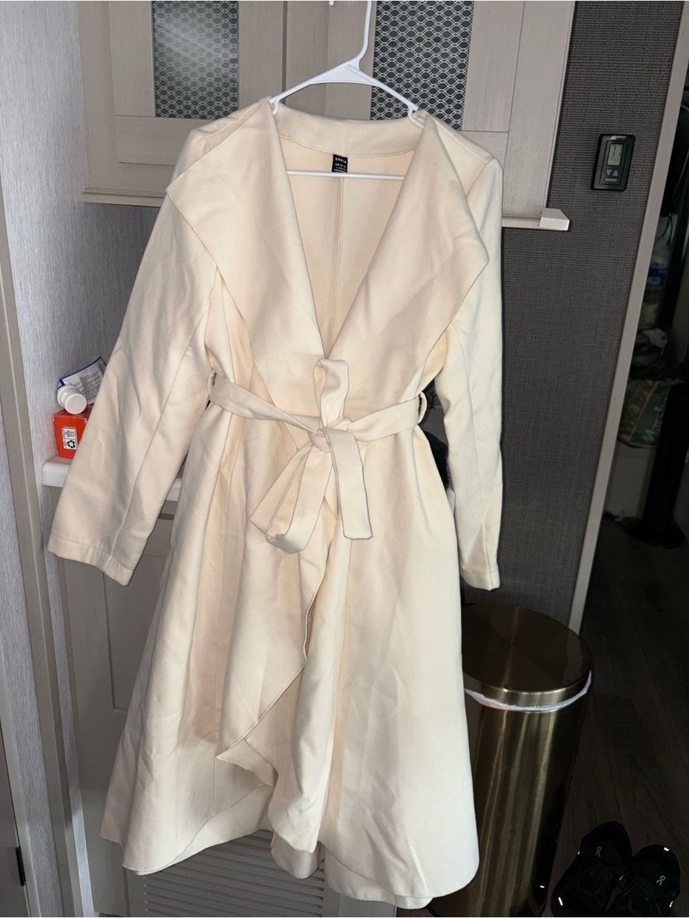 SHEIN Cream Wrap Midi Dress with Self Tie Belt